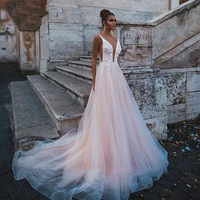 rose pink princess wedding dresses deep v neck tulle sleeveless appliqued lace bridal dress a line backless boho wedding gowns