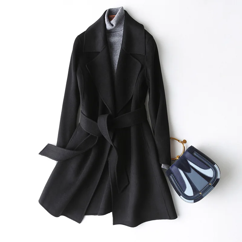 

Ladies Cashmere Long Coat An elegant lapel wool coat with a belt top stitch design, winter warm jacket 2021 ladies