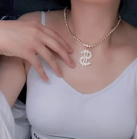 2021 fashion luxury shiny rhinestone dollar symbol pendant necklace womens crystal hip hop collar necklace chain accessories