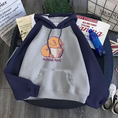 Cat Is Looking At The Cup Print Sweatshirt With Hooded Woman Loose Fleece Hoodie Womens Vintage Fashion Female Raglan Hoodies