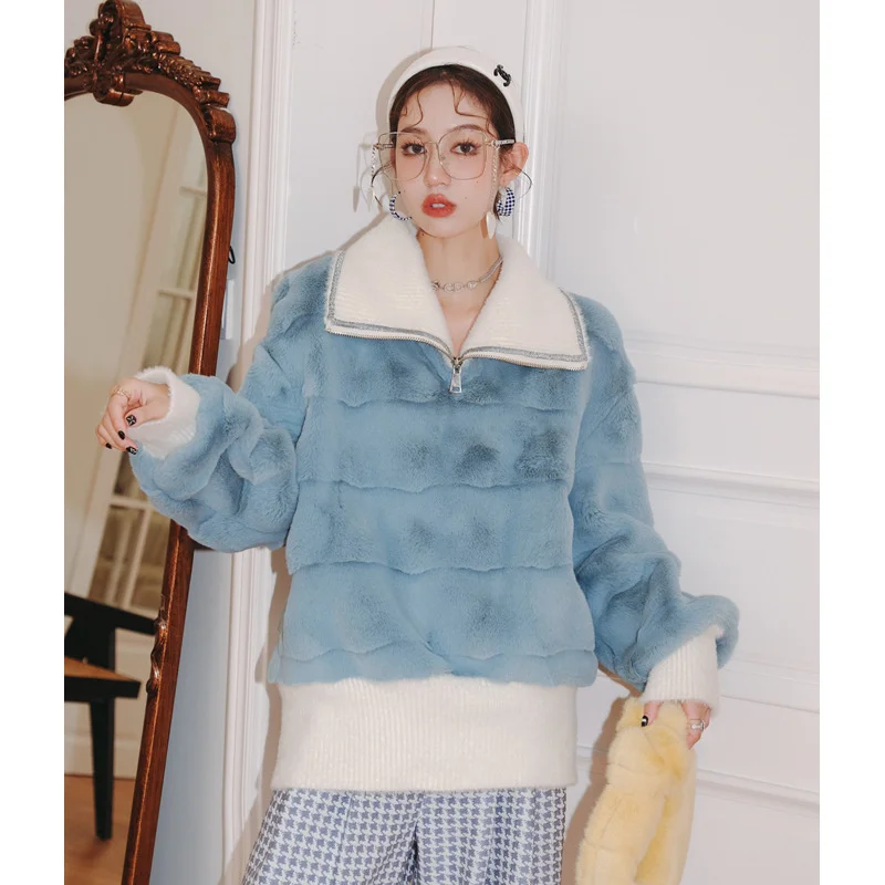 

Splicing Contrast Color Pullover Fur One.piece Coat