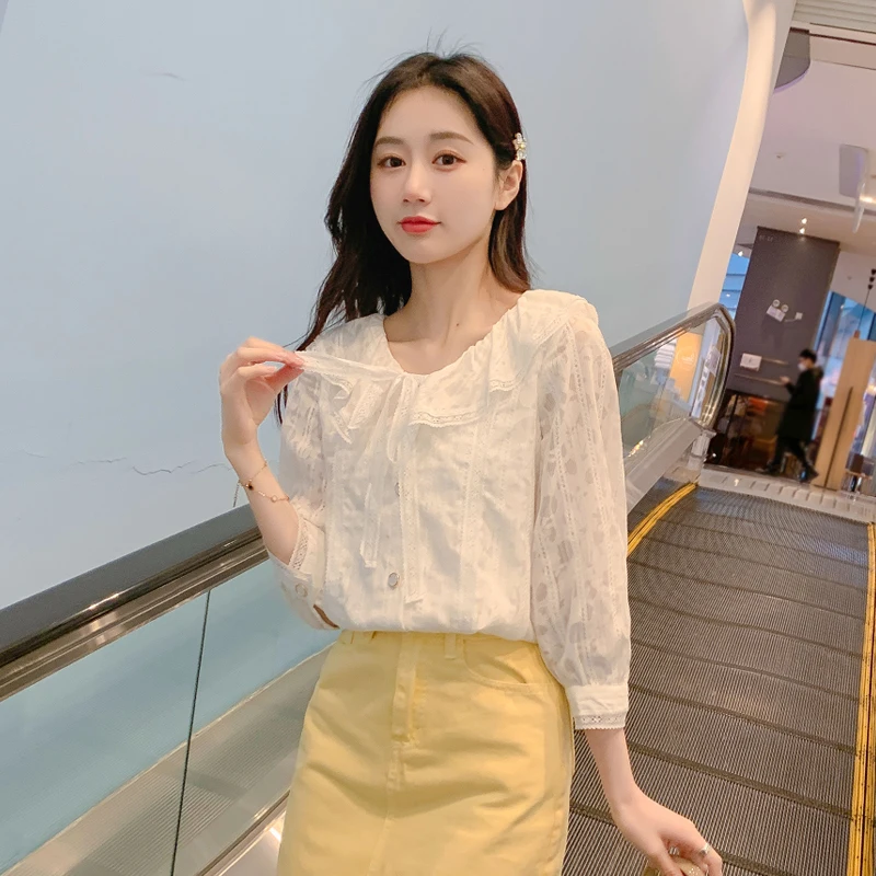 

Chiffon shirt women's 2021 new summer bow shirt design sense niche temperament fashion 3 / 4 Sleeve Top