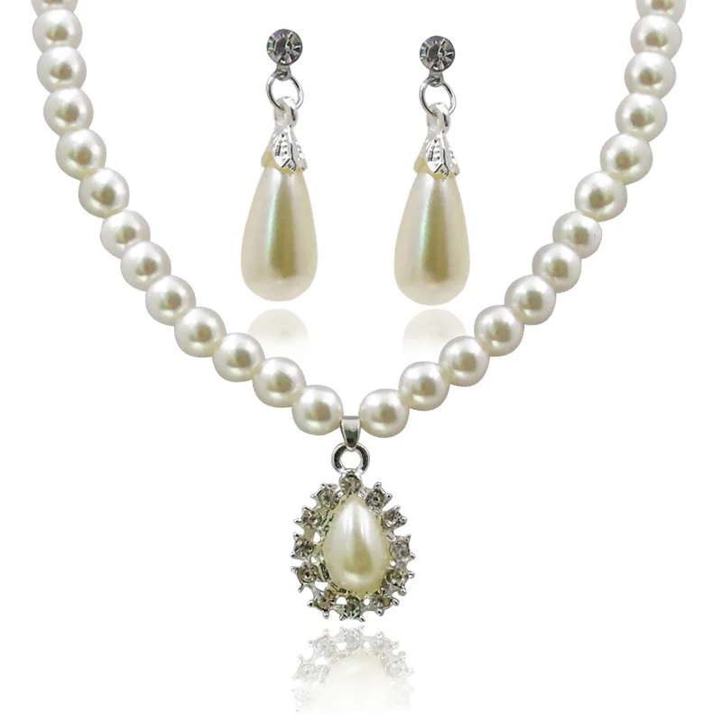 

CASHOU67 Romance Pearl Water Drop Set Woman Metal Zircon Oval Water Drop Pendant Earring Necklace Set Gift Link