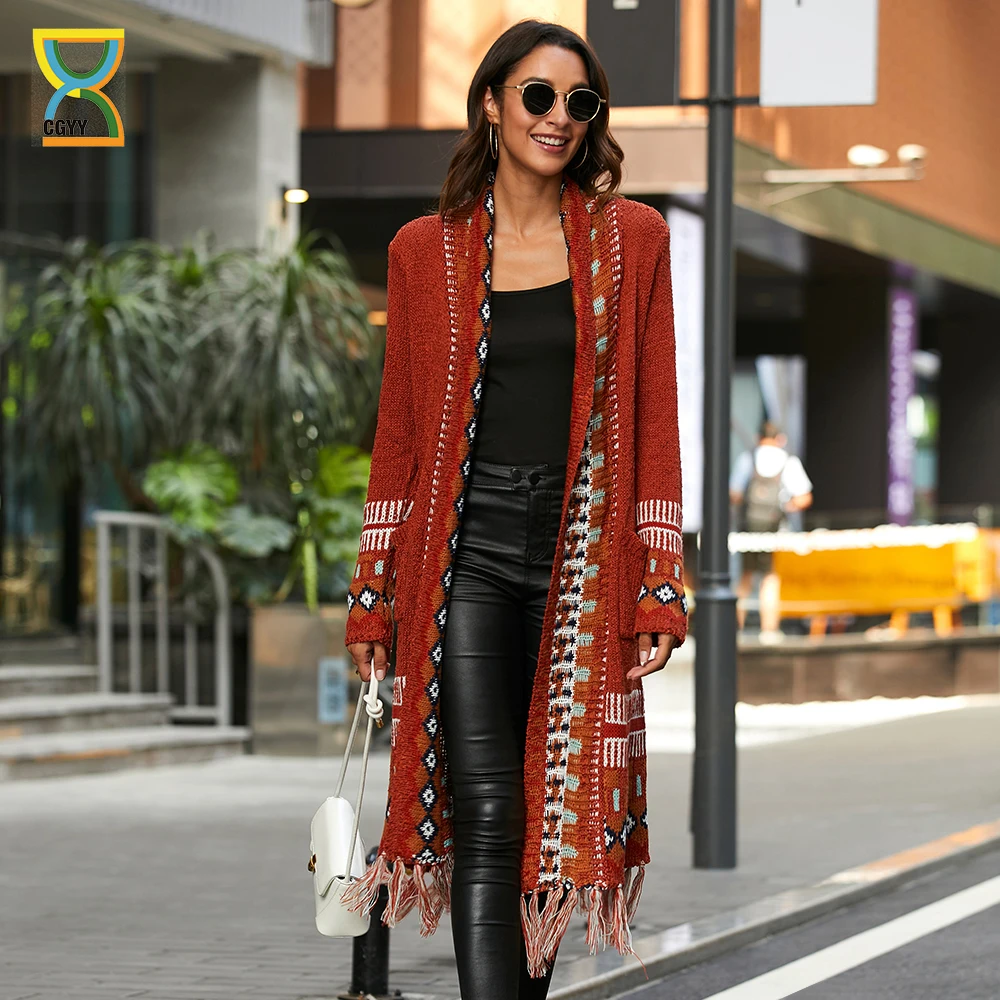 CGYY 2021 Fashion Red Color Spring Autumn Long Sleeve Knitted Boho Plaid Cardigan Women Open Front Sweaters with Fringe Tassel