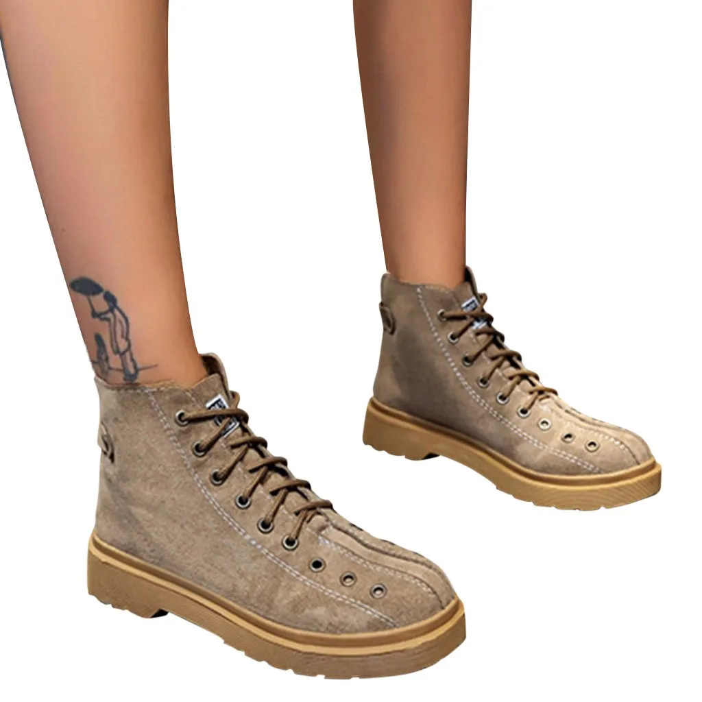 Martin Boots for women Lace-Up ankle boots 2019 Fashion Flock Bread Shape Winter Lace Up Casual Flat Heel Round Head Booties | Обувь