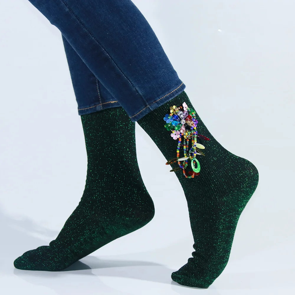 

Green Glitter Socks Sequin Stitching Pattern Hand-sewn Woman Socks Independent Design Personality Trend Street Sock