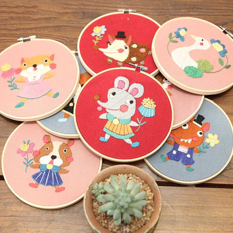 Cartoon Animal Embroidery Kit with Bamboo Hoop DIY Needlework Cross Stitch Handmade for Beginner Sewing Art Gift Home Decor | Дом и сад