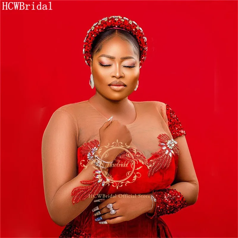 

South African Red Long Sleeves Evening Dress With Tail See Through Shiny Beads Sequins Plus Size Black Women Party Evening Gown