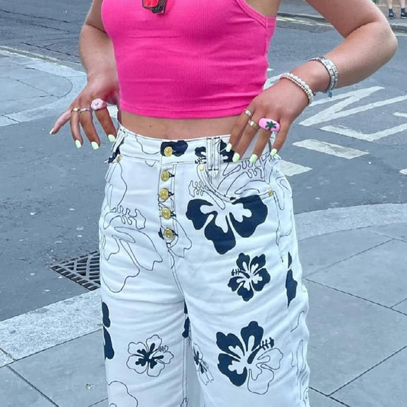 

Waatfaak Floral Printed White Skinny Jeans Women High Waist Button Up Vintage Mom Jeans Y2K Denima Cargo Pants Streetwear 2021