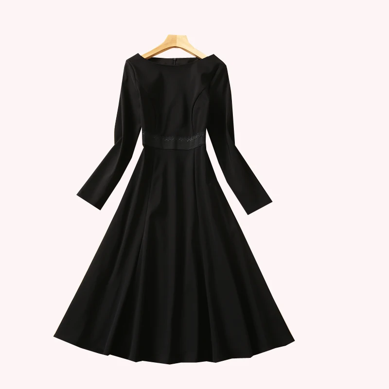 

JCHB 2021 Spring and Autumn New Fashion Round Neck Long Sleeve Small Slim Black Big Swing Dress