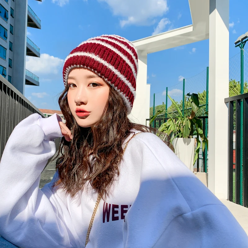 

Fashion Knitted Hat For Women Wool blend Stripe Knitted Caps Windproof Warm Winter Hats 2020 New Girl Sweet And Cute Ski Cap