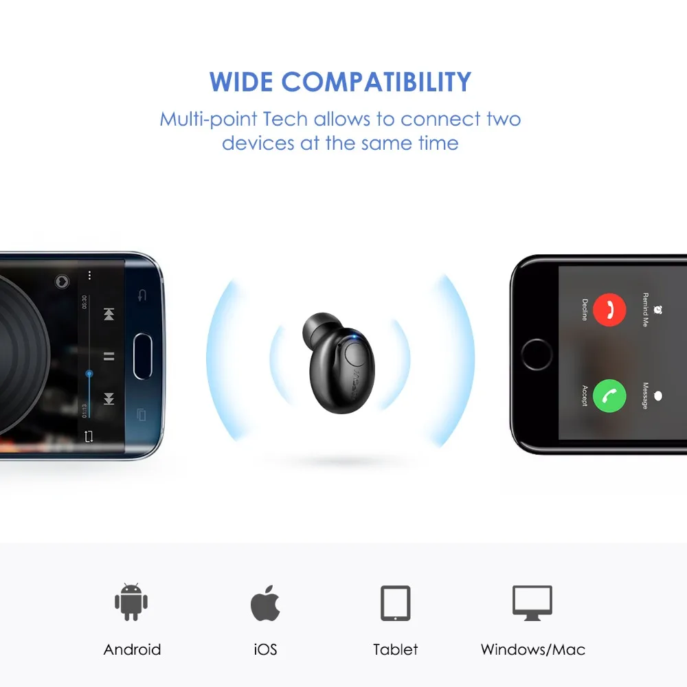 MPOW Bluetooth наушник один беспроводной наушник мини-наушники-невидимки с микрофоном 2 магнитные зарядные устройства/чехол для мобильного телефона
