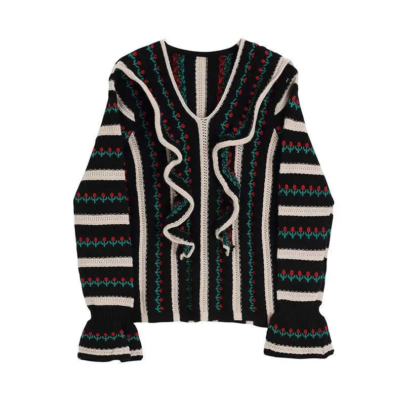 

Women's Knitted Sweater 2021 New Autumn Korean Style V-neck Vintage Japanese Contrast Color Ladies Knitted Top Floral Pattern
