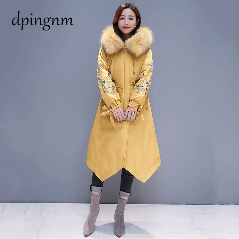 

2019 зимняя куртка, Женское пальто, новая модная повседневная меховая Толстая парка с капюшоном средней длины из хлопка, зимняя верхняя одежд...