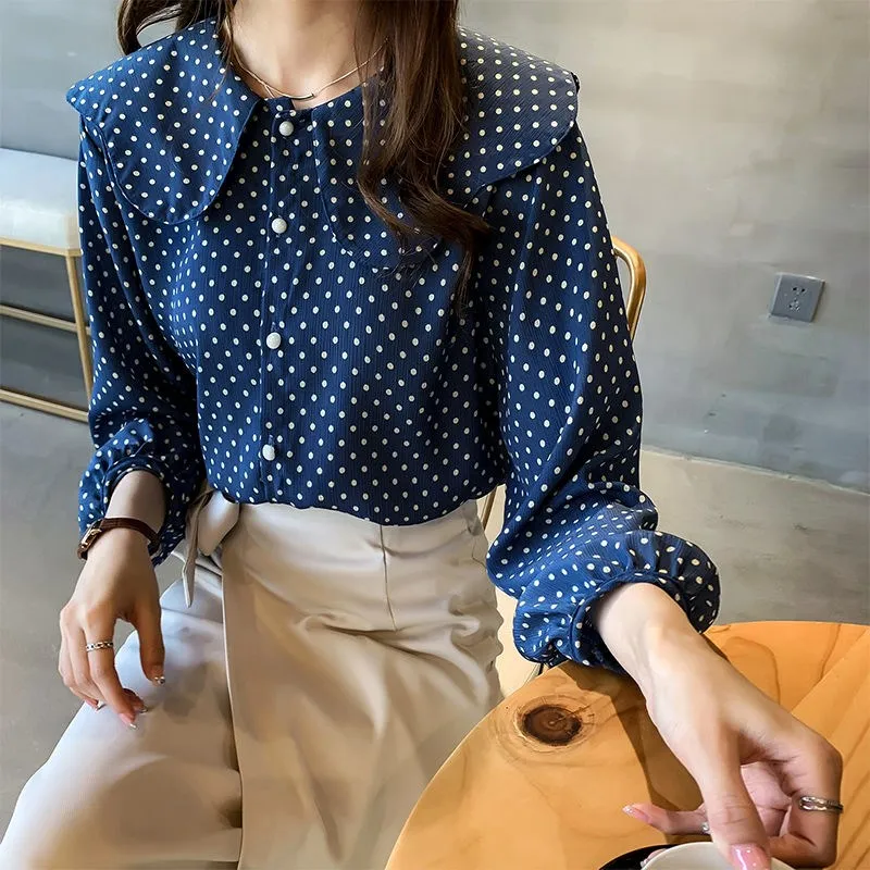 Women Elegant Blouse Long Sleeve Top Cartoon Dot Print Vintage Blouses Doll Collar Single-breasted Loose Clothing #25 | Женская одежда