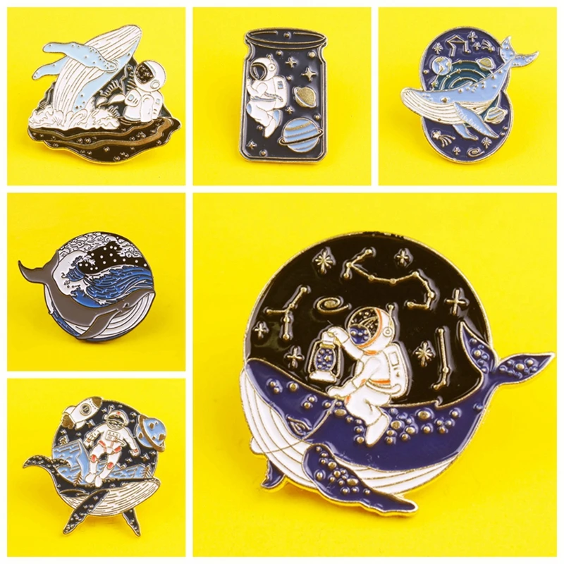 

Astronaut and Whale Enamel Pin Adventure Ocean Drifting Wishing Bottle Brooches Bag Lapel Pin Badge Jewelry Gift for Friends