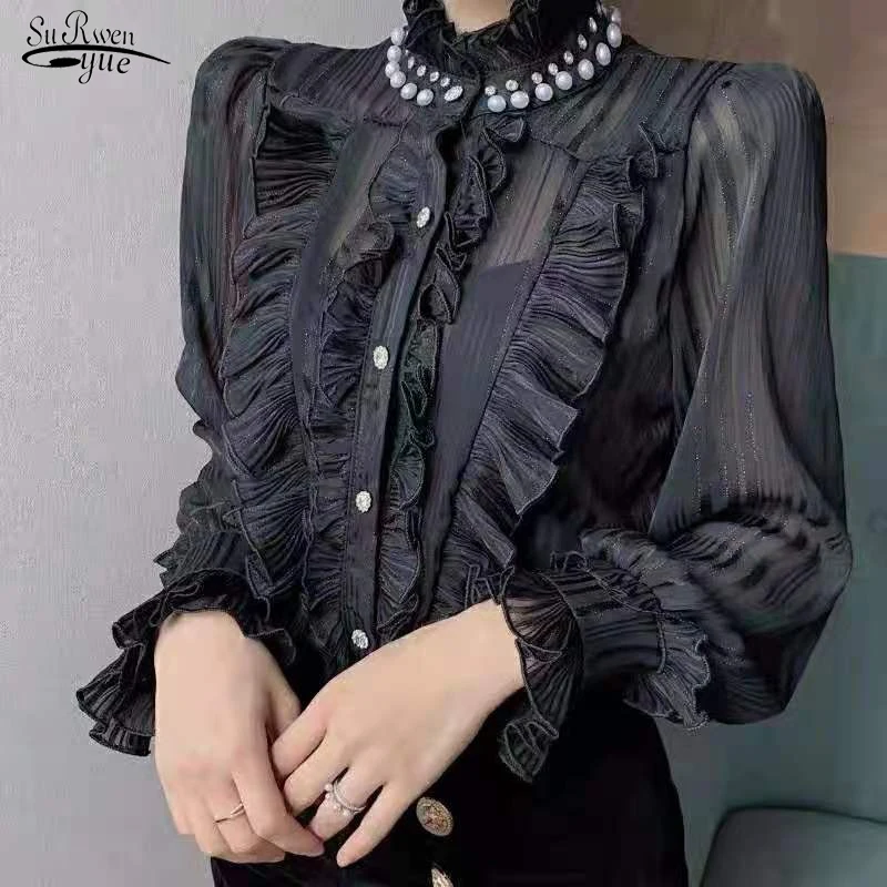 

Женская блузка с рюшами, воротником-стойкой и бисером, осень шифоновая рубашка с длинным рукавом