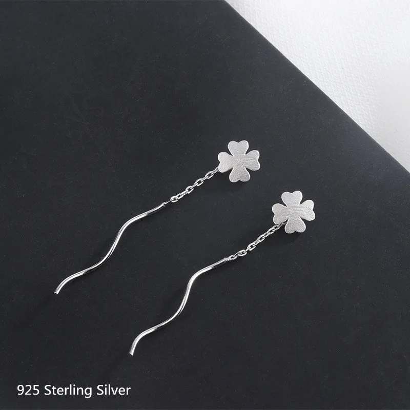 

Buyee Real 925 Sterling Silver Dangle Earring Women Grind Sand Clover Chic Long Ear Line Earring for Women Fashion Jewelry