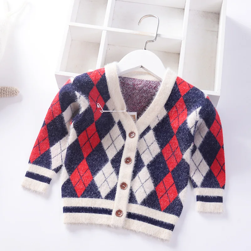 Опрятный стиль осень-зима для мальчиков свитер для мальчиков; одежда для маленьких мальчиков плед, кардиган норковая бархатная трикотажная детская одежда теплое пальто для детей, теплое пальто