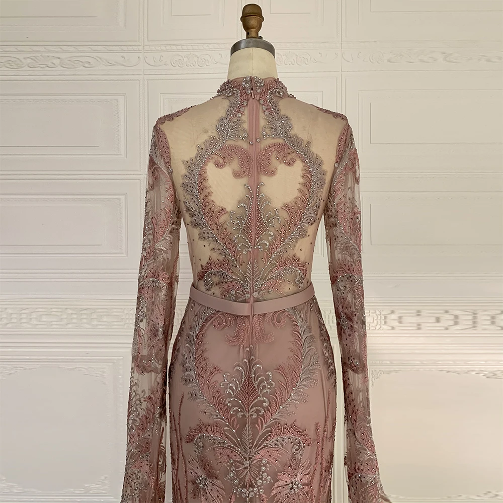 

Luxury Dubai High Neck Mermaid Evening Dresses for Women 2020 Long Sleeves Crystal Tulle Beading Formal Party Gowns