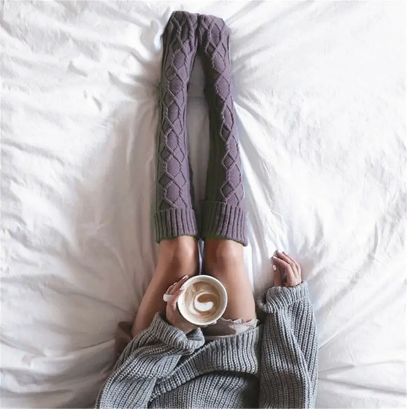 Женские зимние хлопковые толстые вязаные крючком чулки до Бедра Вязаные выше