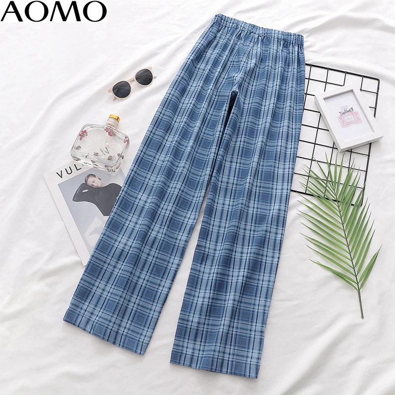 

AOMO 2020 new arrival women plaid pants strethy waist pockets female retro casual trousers pantalones 1D154A