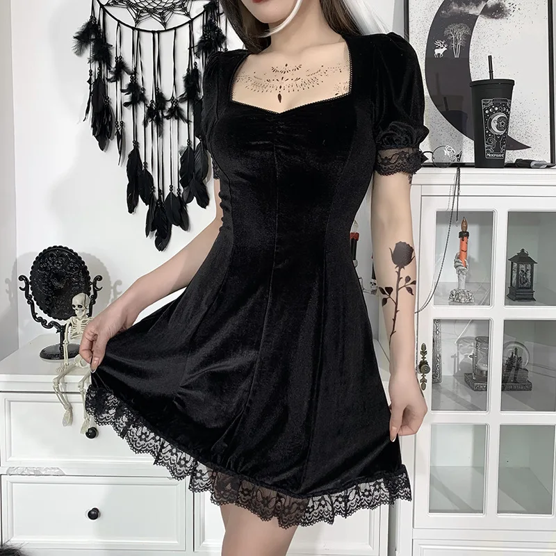 

Emo Sexy Women Gothic Dress Fashion High Waist Suede Square Neck Lace Short Sleeve Party Black Midi Dress For Ladies Black dress