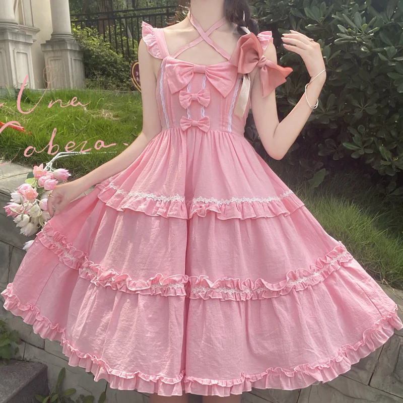 

Cute Candy Color Girl'S Lolita Dress Women Kawaii Ruffles Princess Party Sundress Japanese Bow Sleeveless Suspenders Pink Dress