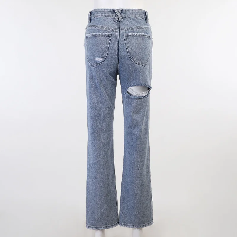 

Casual Blue Jean Pants Summer Women Hollow Out Fashion Vintage Denim Trousers High Waist Vintage Wide Leg Sexy Pants Streetwear