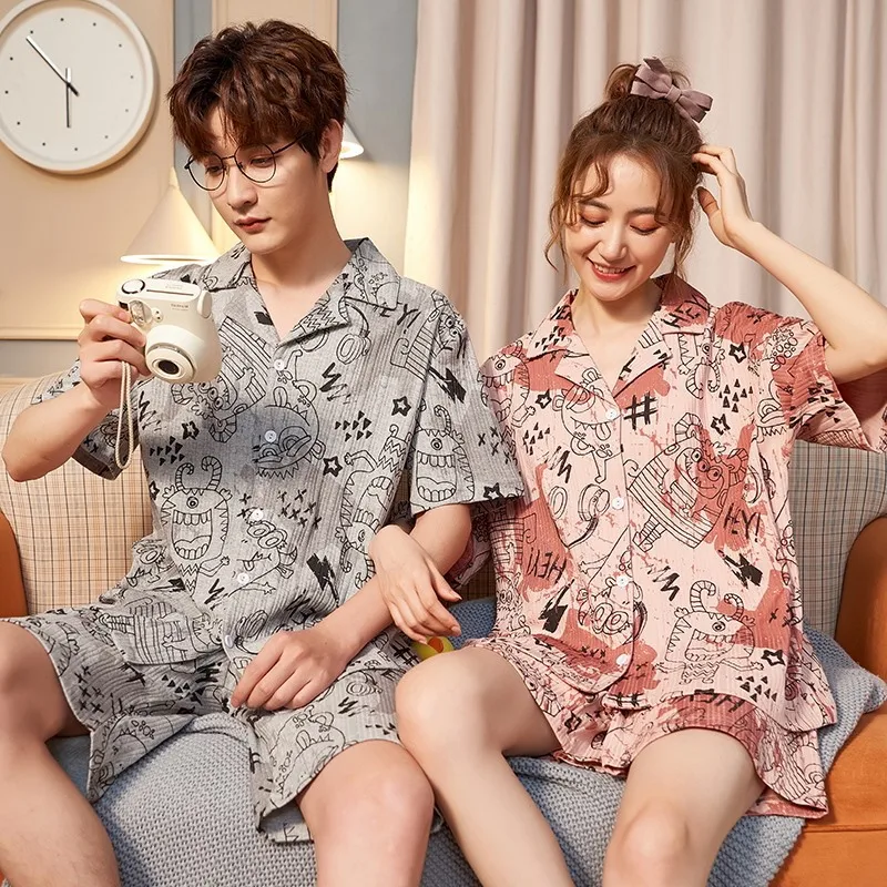 

New Summer Lovers Homedress Pajamas Women's Short Sleeve Nightgown Lapel Sleepwear Cotton Cardigan Couples Casual Home Clothing