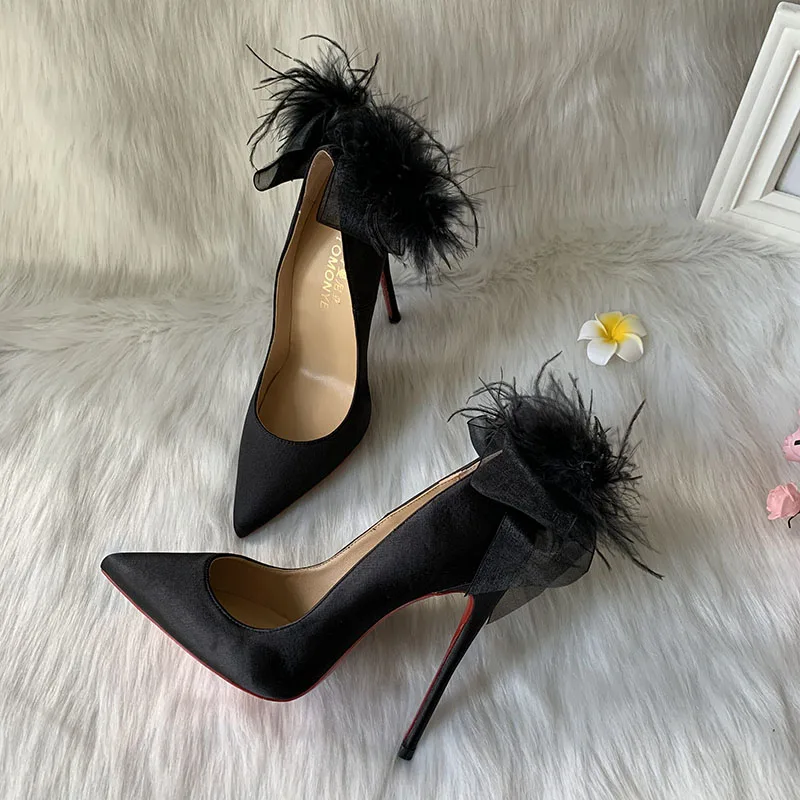 Hot sale designer brand sexy black satin pointed toe  with fur on back women lady party performance evening heel pump