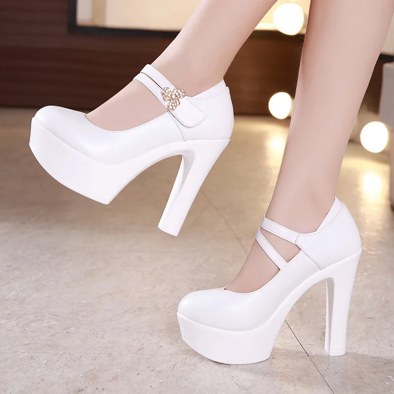 

13cm Buckle Block Heels Leather Pumps Women Platform Shoes 2021 High Heels Shoes Elegant Wedding Shoes White Office Shoe 42 43