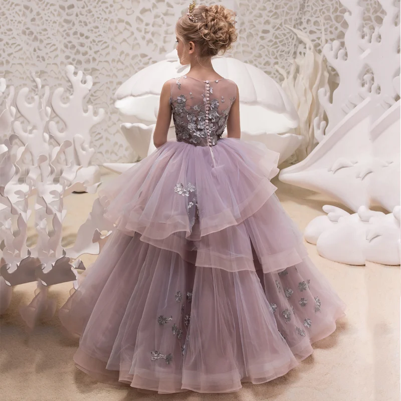 

Cute Flower Girl Dresses For Weddings Ball Gown Tulle Pearls Tiered Long First Communion Dresses Little Girl