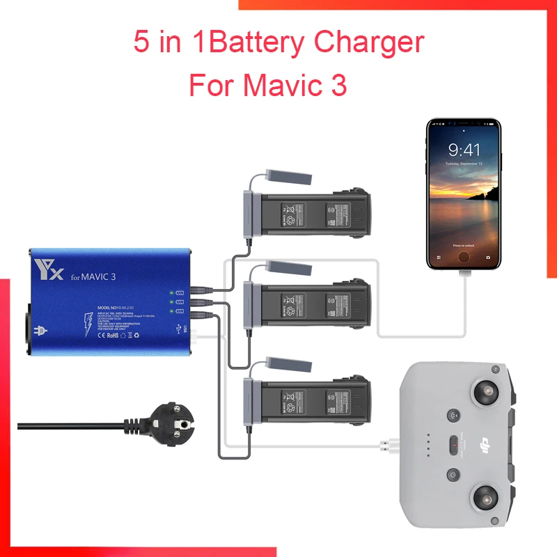 

5 in 1 Battery Charger Hub for DJI Mavic 3 Drone Remote Controller SmartPhone Charging Hub Intelligent Rapid Charger