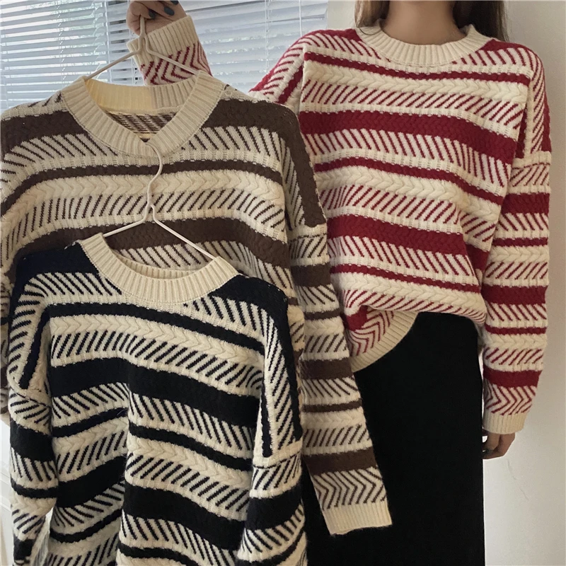 

Lucyever 2020 New Striped Christmas Sweater Women Mix Color O-neck Knit Pullovers Winter Thicken Casual Loose Woman Sweaters