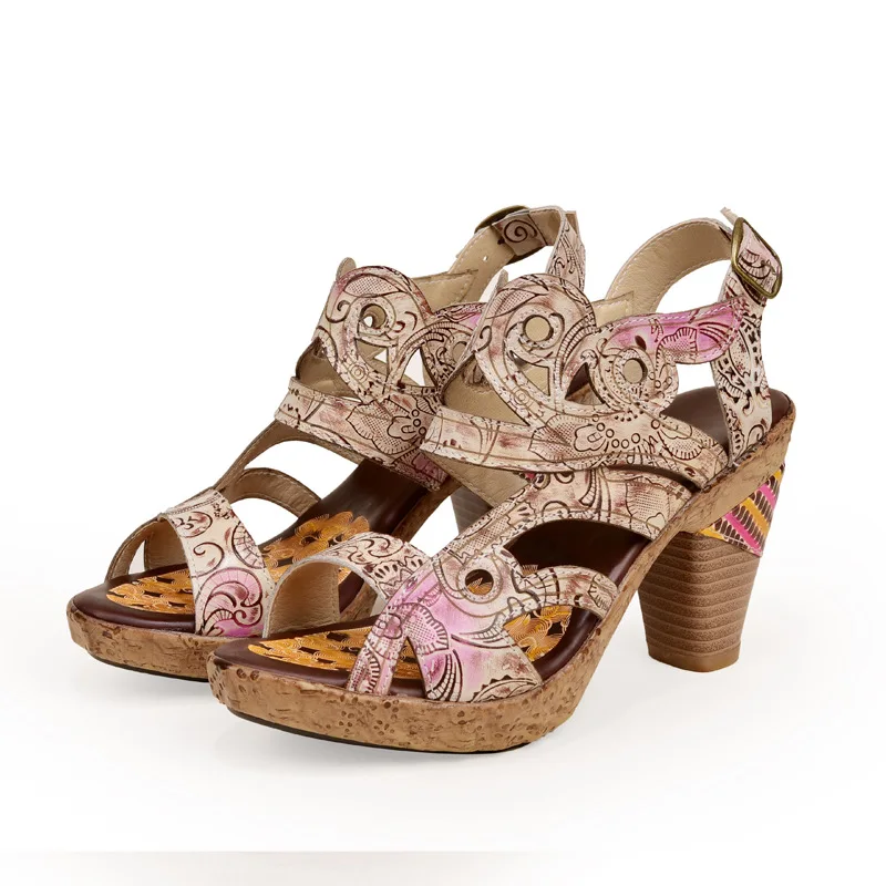 

YourSeason High Heels Female Retro Sandals 2020 New Spring Summer Genuine Leather Women Hand Painted Sewing Autumn Casual Shoes