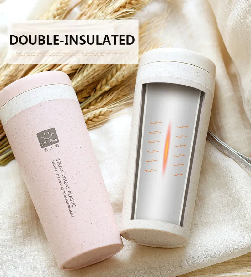 300 мл пшеничной соломы двойной термос чашка для путешествий на открытом воздухе