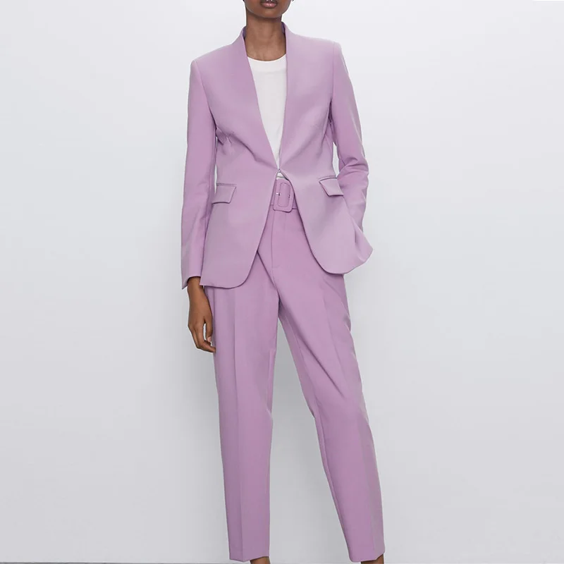 

Za Women's Pants Suit Office Blazer Solid Jackets Elegant Coat Female 2 Piece Set 2021 Slim Outfit With Belt High Waist Trousers