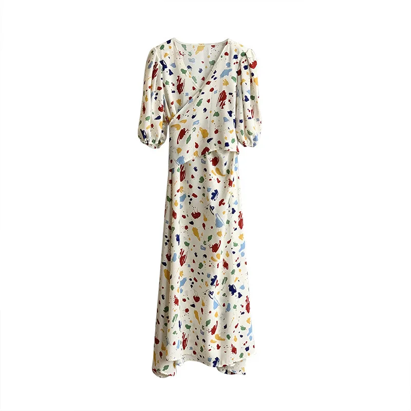 

2021 summer mid-length dress floral female lace-up waist V-neck one-piece chiffon A-line skirt