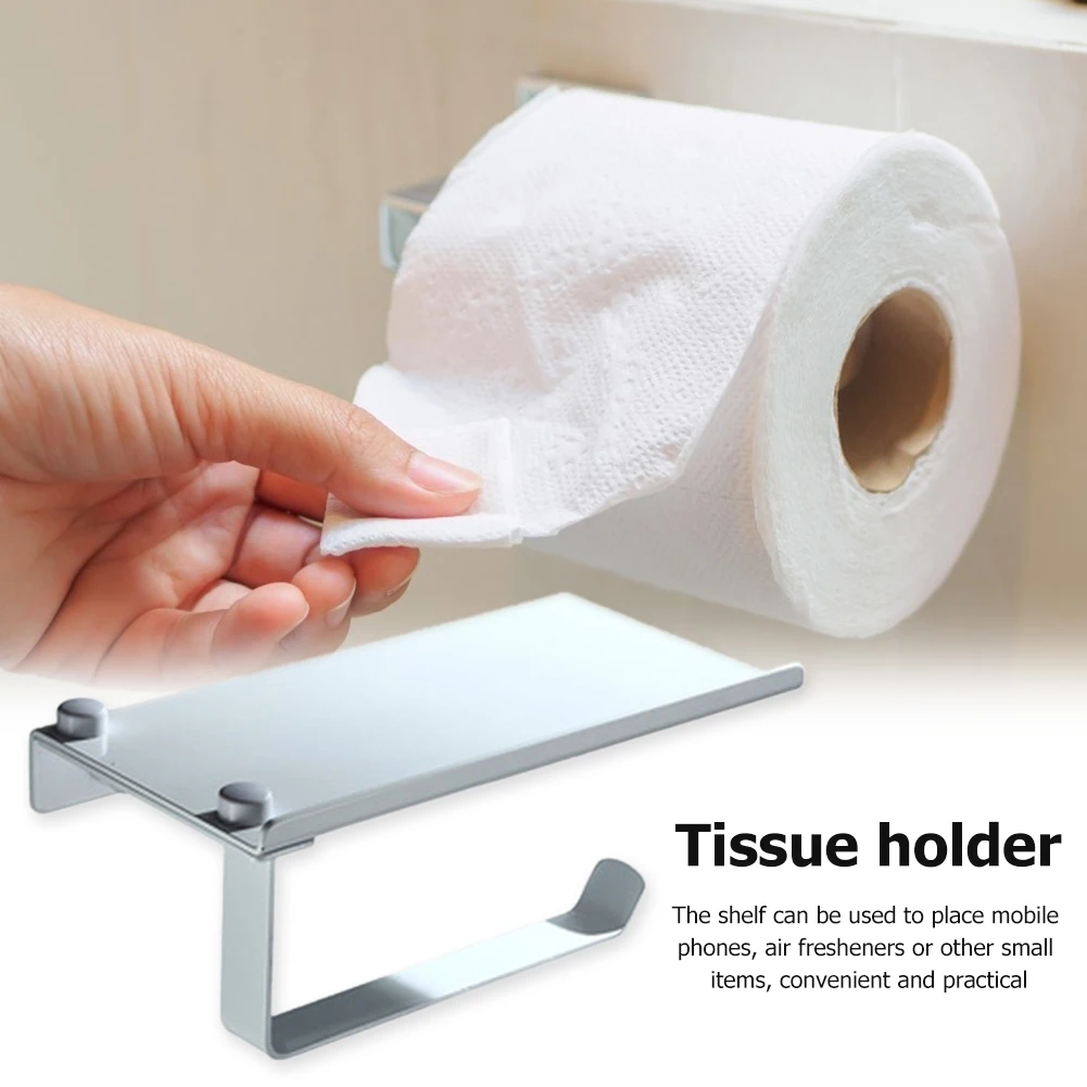

Tissue Paper Holder with Phone Storage Shelf Bathroom Anti-rust Shelf Towel Racks Resistant Corrosion Wall Mounted Roll Rack