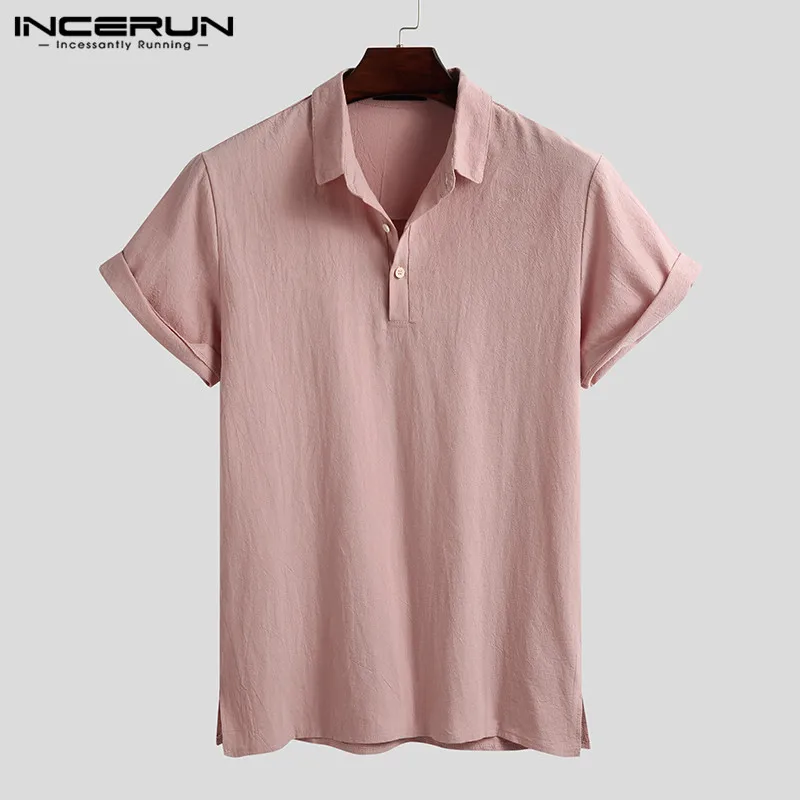 

Рубашка INCERUN мужская с отворотом, хлопковая дышащая футболка с коротким рукавом, повседневная брендовая уличная одежда, однотонная, в стиле ...