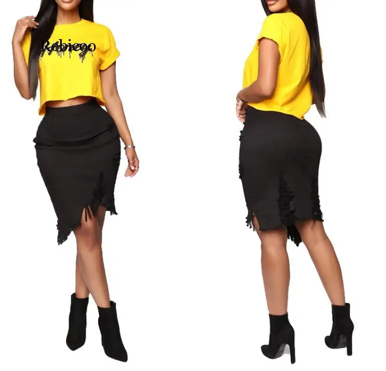 Ассиметричная черно-белая Джинсовая Юбка-миди с дырками кисточками 2020 высокой