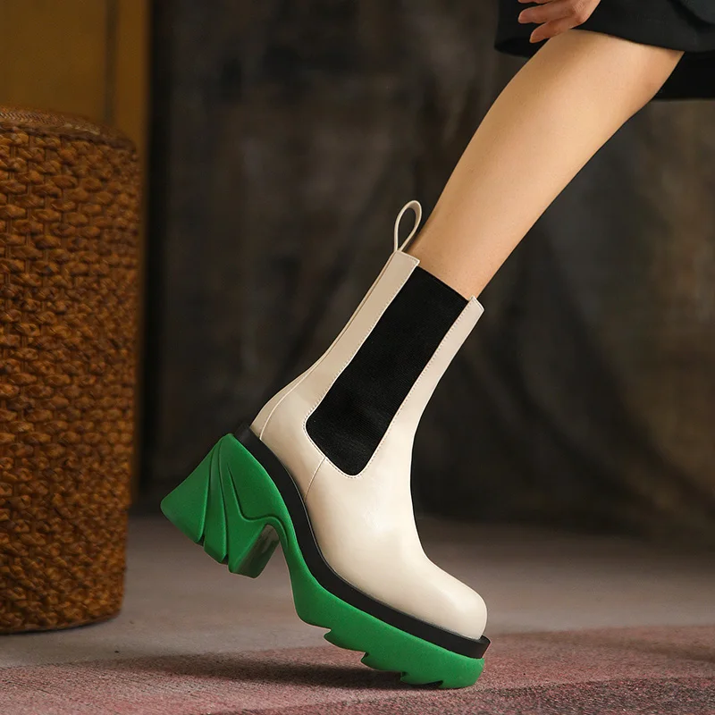 

Женские ботинки челси QZYERAI, Зимние ботильоны из натуральной кожи на толстой подошве в британском стиле, высотой 8 см