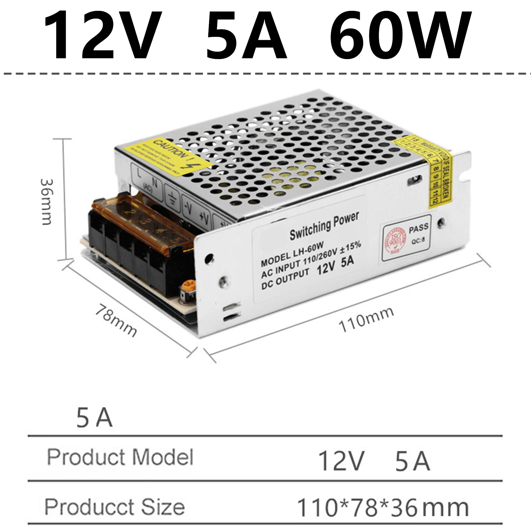 5A 60W Источник питания светодиодный драйвер переменного тока 220 В в постоянный ток 12 В 1A 3A 5A 8A 10A 15A 20A 12 вольт зарядное устройство понижающий адаптер трансформатор освещения - Цвет: 5A 60W