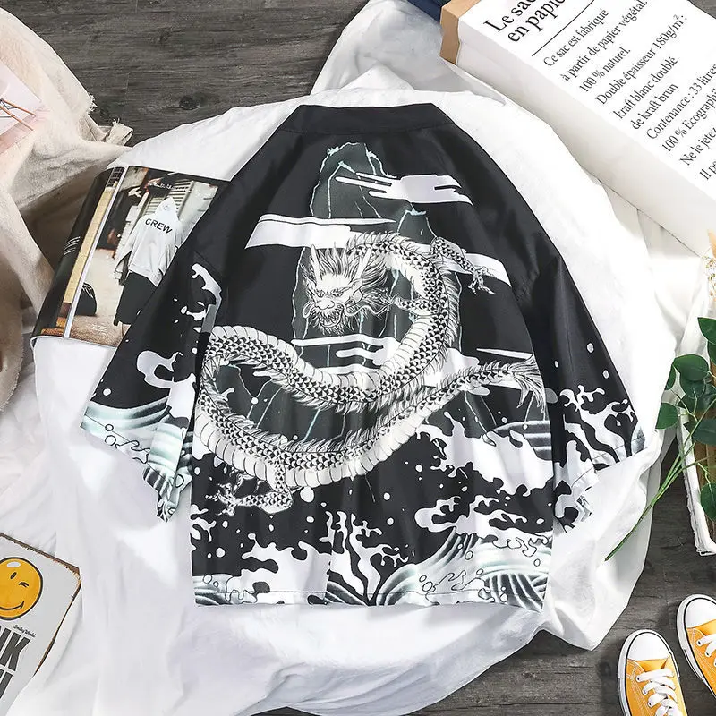 Prowow 2021 Spring Men Loose Hong Kong Style 3/4 Sleeve Kimono Traditional Male Kimono Cardigan Men Harajuku Streetwear Male