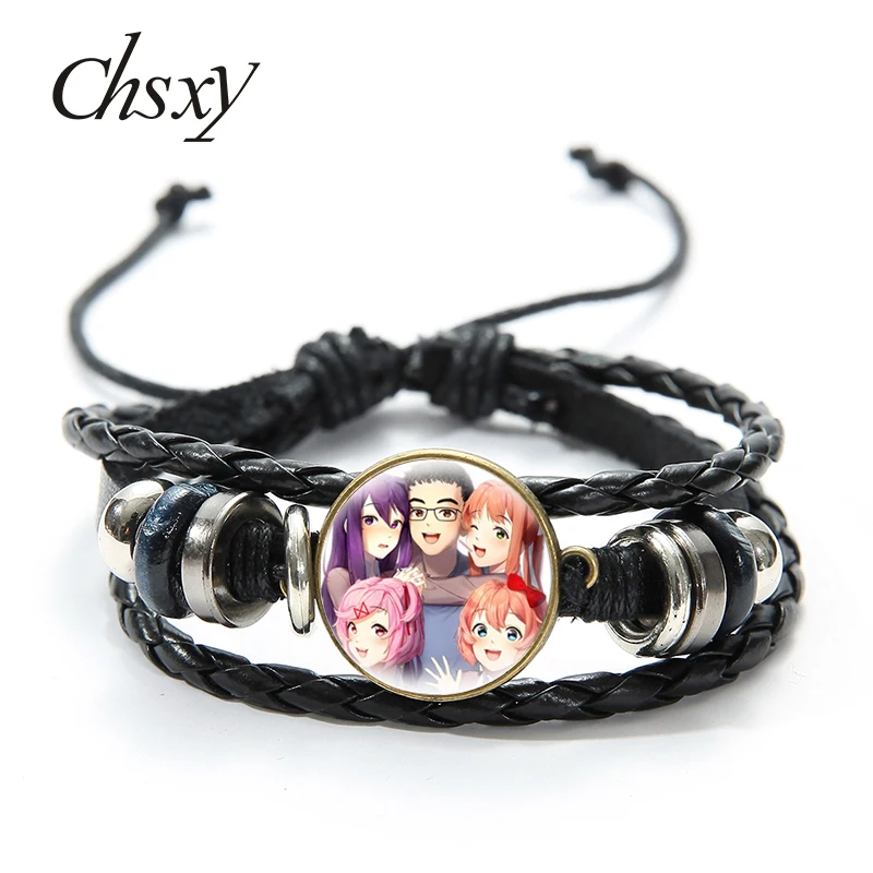 

Game Character Cartoon Cosplay Bracelet Glass Snap Metal Bead Multilayer Leather Bracelet DDLC Anime Jewelry Fans Gift Fashion
