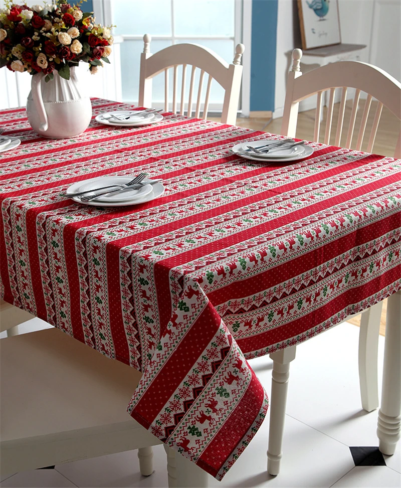 

Christmas Tablecloth Green/Red Dining Table Cover Rectangle Polyester Cotton Xmas Elk Printed New Year's Table Cloth Party Decor
