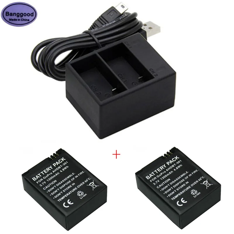 

1300mAh AHDBT-301 AHDBT301 AHDBT-201 AHDBT201 Sport Action Camera Battery + USB Dual Port Charger for GoPro Hero3 Hero2 Hero 3