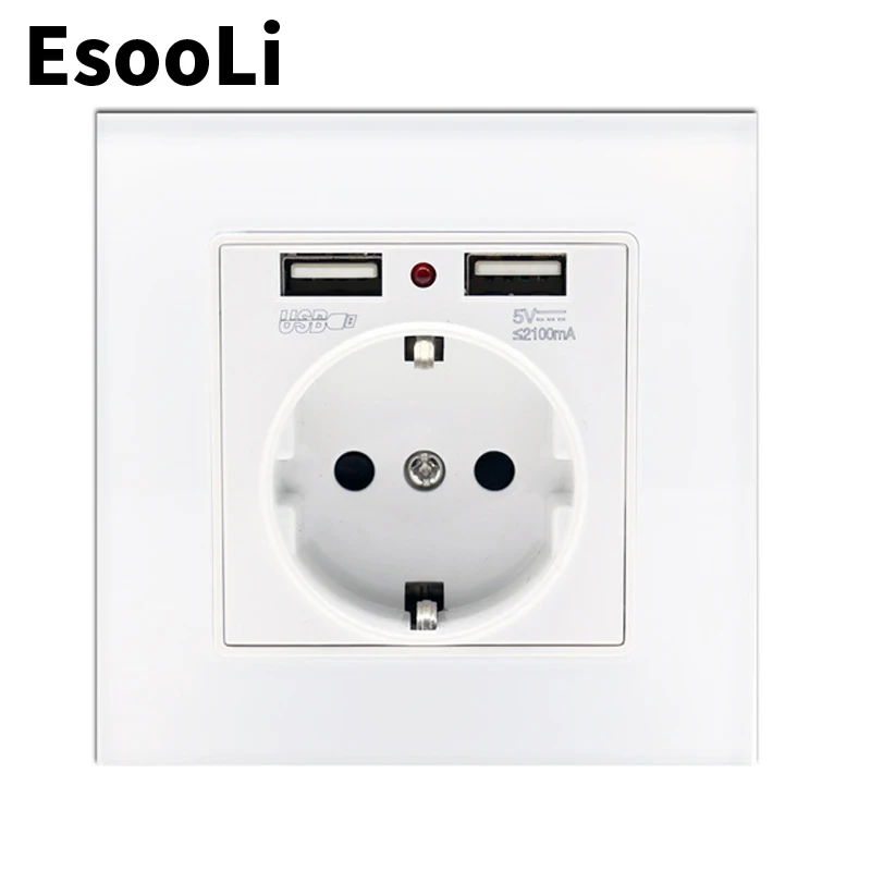 

EsooLi White USB Wall Socket EU Power Outlet White Crystal Glass Panel Dual USB Charging Port 2.1A 16A Russia Spain