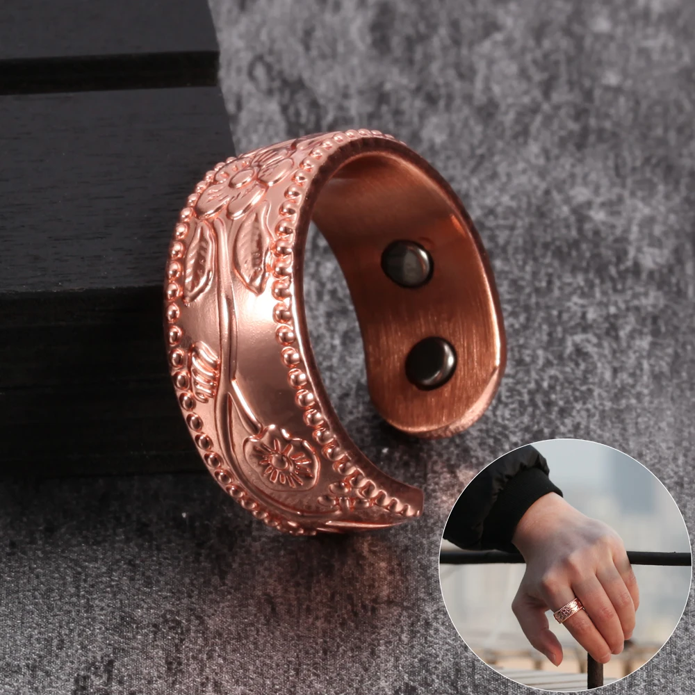 

Flower Pure Copper Rings Magnetic Health 9mm Wide Adjustable Open Cuff Ring Men Magnets Energy Rings for Women Men Arthritis